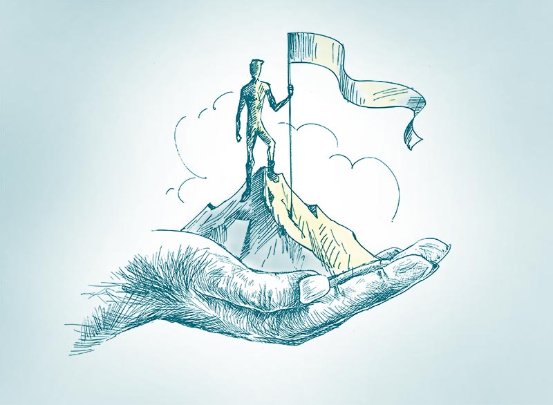 Sketch of a figure climbing mountain with flag held in the palm of a hand to demonstrate leadership and building up others.
